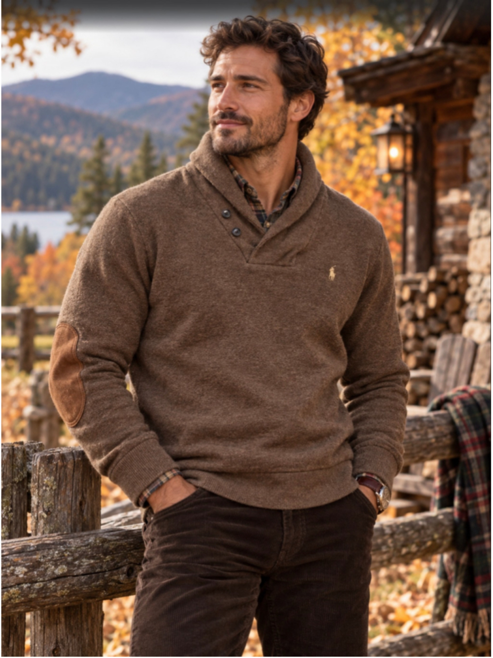 Polo Ralph Lauren Men’s XL Chocolate Brown Shawl Collar Sweater Suede Elbow Patc